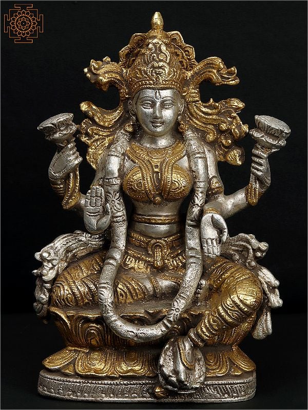 9" Goddess Lakshmi Brass Statue Bathed in Silver and Gold