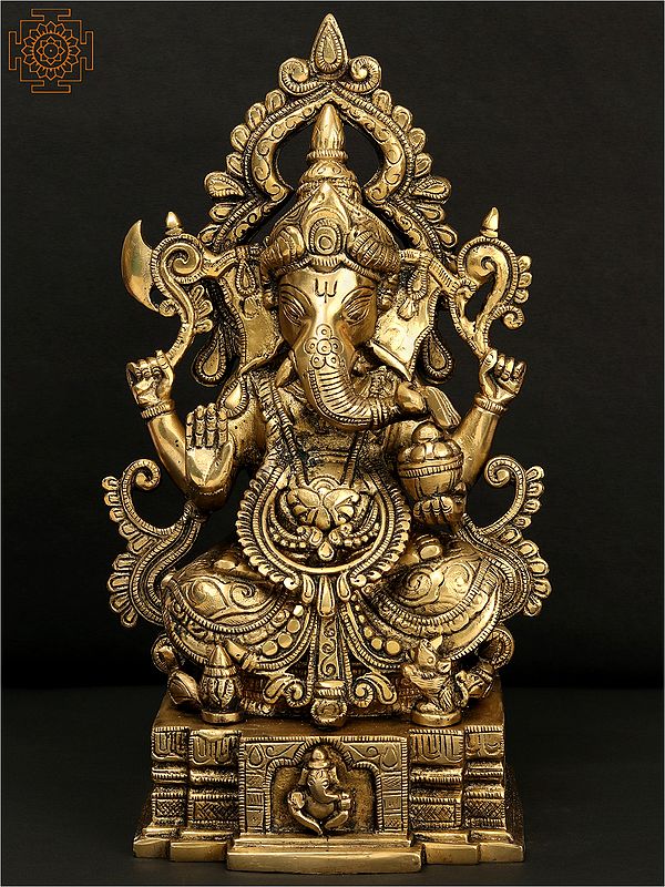 12" Sitting Chaturbhuja Lord Ganesha Brass Sculpture