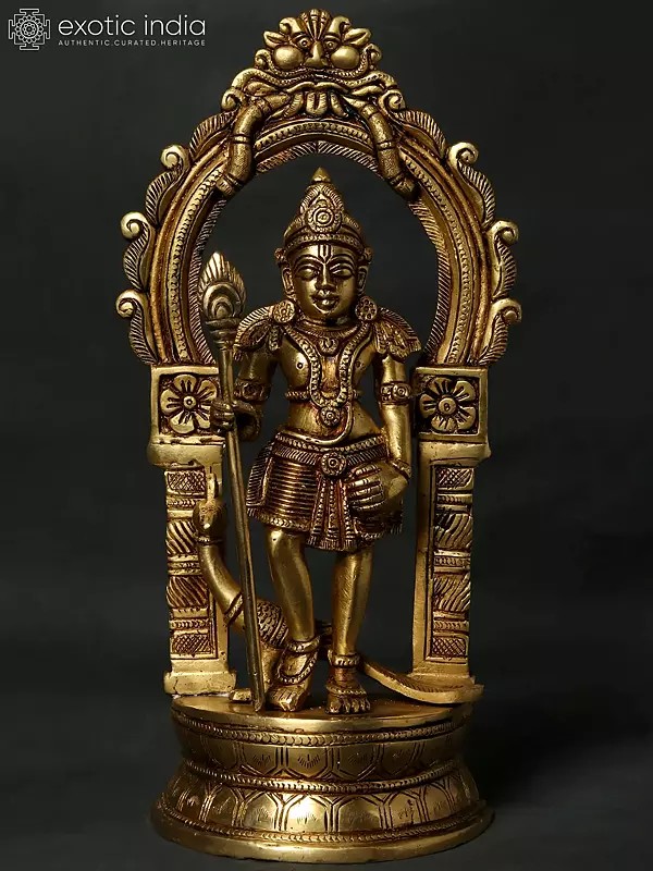 12" Lord Karttikeya Idol Standing on Kirtimukha Prabhawali Throne