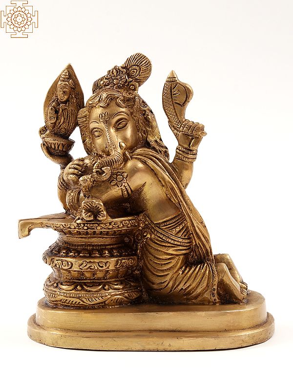 6" Brass Lord Ganesha Idol Loving to Shivling