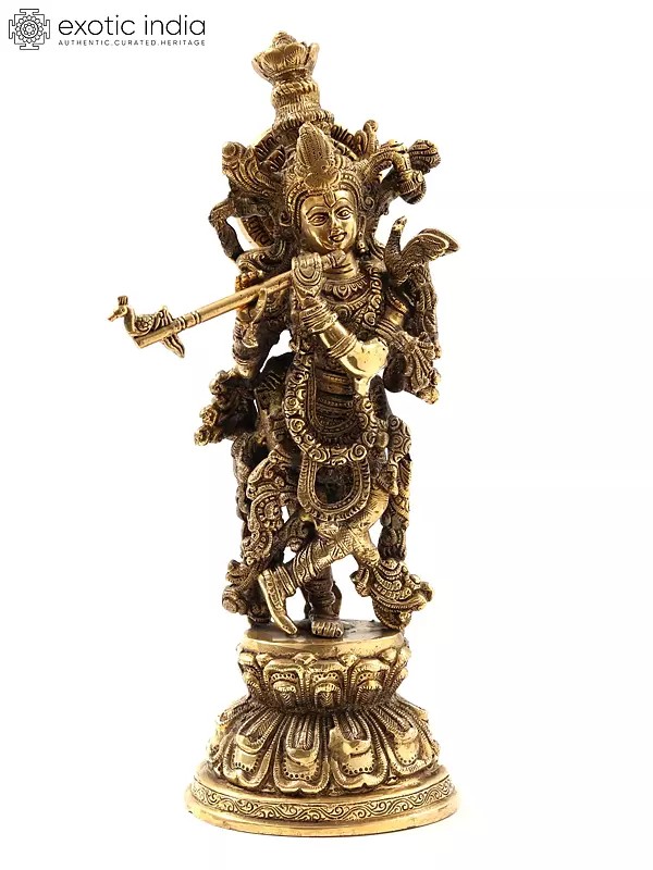 15" Standing Lord Krishna Brass Statue Playing Flute