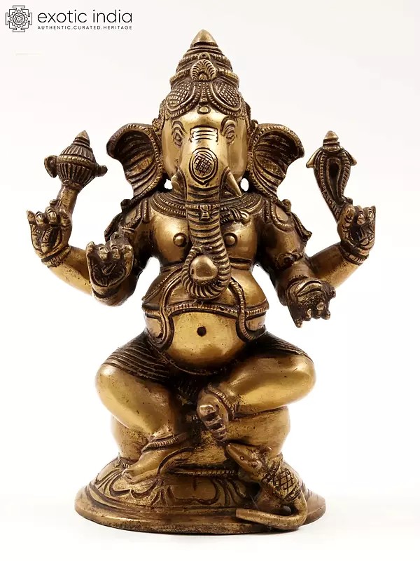 8" Four Hands Seated Ganesha Brass Statue | Gajanana Idol