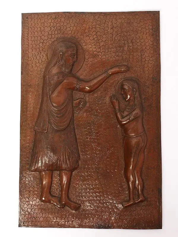 12" Guru Blessing his Shishya | Copper Wall Decor Statue
