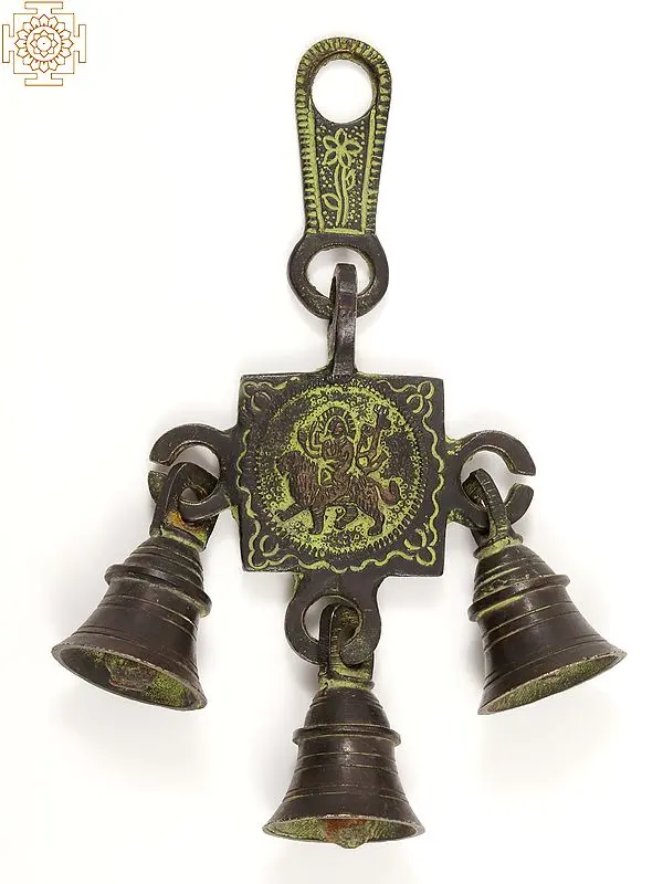 6" Small Brass Goddess Durga Wall Hanging with Bells
