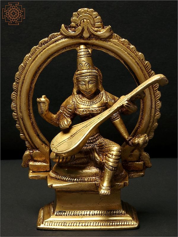 4" Sitting Devi Saraswati Idol with Arch | Small Brass Statue