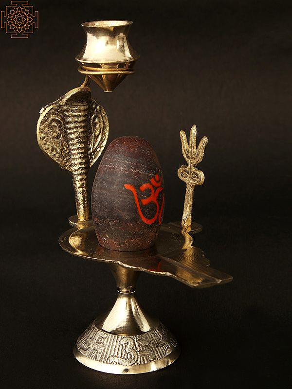 Marble Narmadeshwar Shiva Lingam | Abhishek Patra with Trident and Nag in Brass