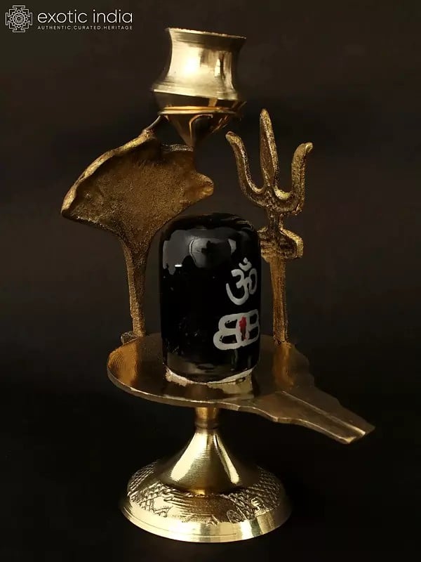 Black Stone Shiva Linga Idol with Brass Trishul Nag and Patra