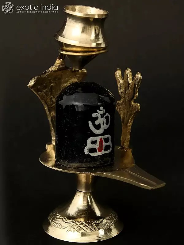 4" Small Black Stone Shiva Linga with Brass Trishul Nag and Patra