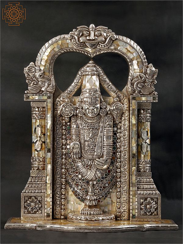 29" Tirupati Balaji (Venkateshvara) with Kirtimukha | .999 Silver Cladding on Wood with Malachite and MOP Inlay