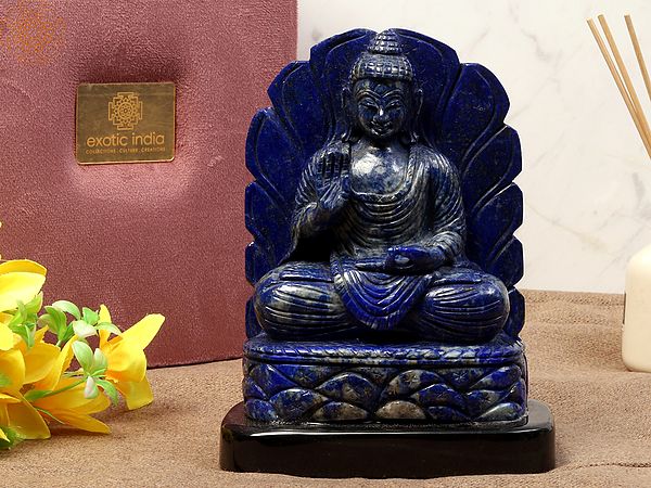 Buddha Statue in Lapis Lazuli Gemstone | Black Agate Base With Gift Box