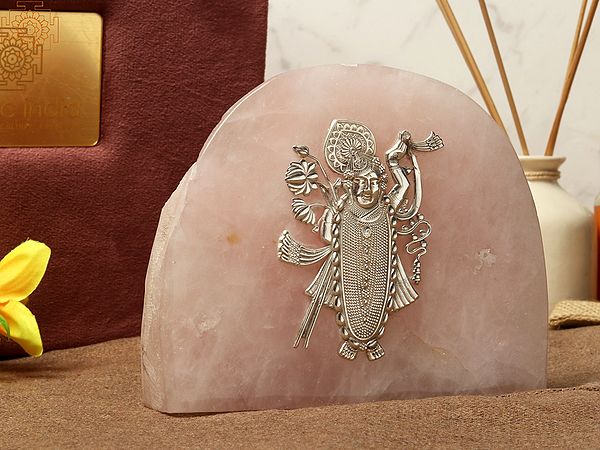 5" Natural Rose Quartz Stone | Silver Sterling Shrinath Ji Art With Gift Box