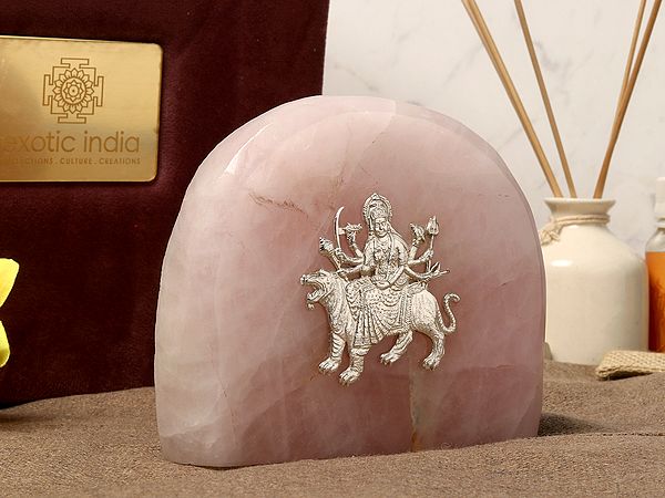 5" Natural Rose Quartz Stone | Goddess Durga Sterling Silver Art With Gift Box