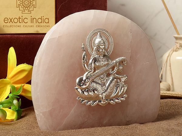 Sterling Silver Goddess Saraswati on Rose Quartz Gemstone with Gift Box