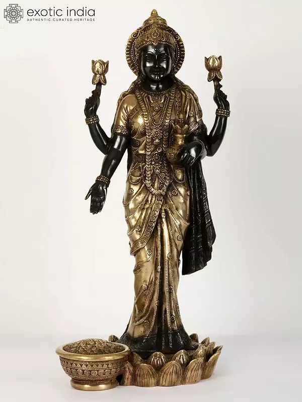 24" Black and Golden Goddess Dhana Lakshmi Brass Statue Standing on Lotus
