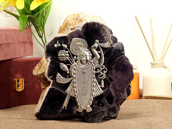 7" Silver Shrinath ji Idol on Amethyst Rock