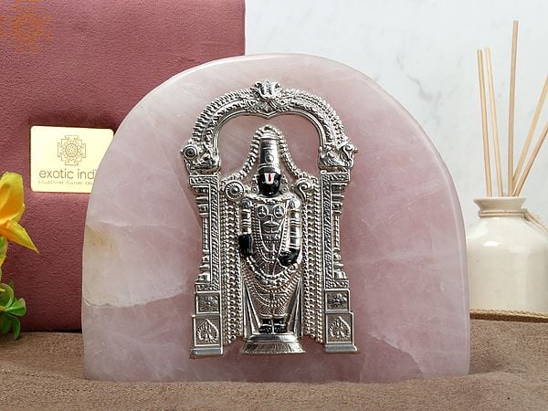 7" Tirupati Balaji Silver Idol on Rose Quartz Gemstone with Gift Box