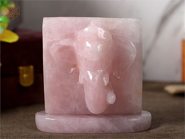 Natural Rose Quartz Stone Carving Lord Ganesha Face Tablet with Gift Box