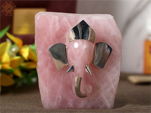 Silver With Natural Rose Quartz Handmade Carving Lord Ganesha Face with Gift Box