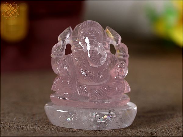 2" Small Pure Rose Quartz Crystal Lord Ganesha Statue on Crystal Base