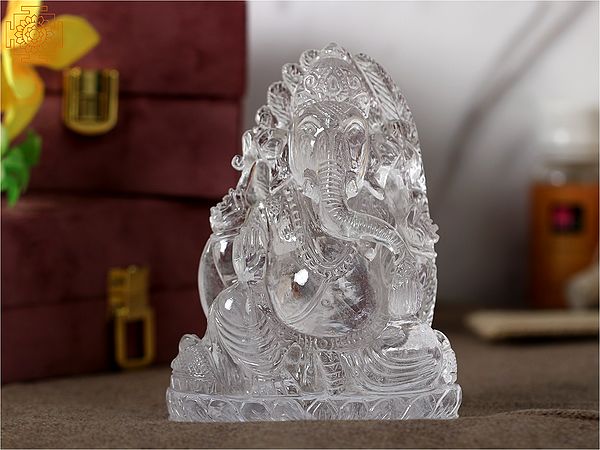 5" Small Clear Crystal Quartz Lord Ganesha Statue Seated with Peacock