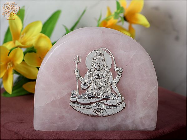 Silver Blessing Lord Shiva Idol on Rose Quartz Gemstone with Gift Box