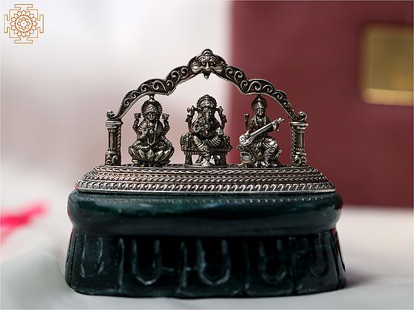 Silver Lakshmi Ganesh Saraswati Statue Seated on Green Aventurine Pedestal with Gift Box