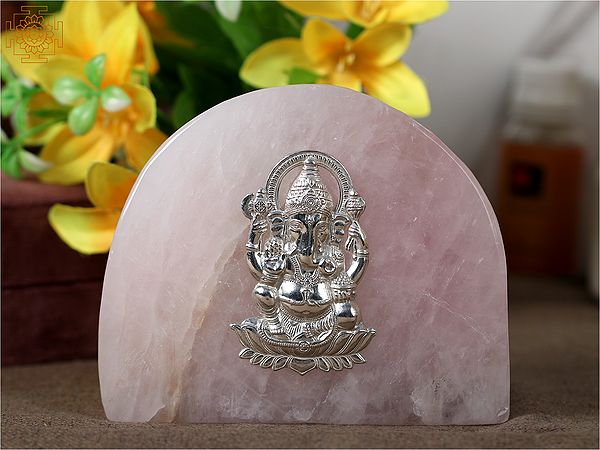 5" Silver Blessing Lord Ganesha Idol on Rose Quartz Gemstone | With Gift Box