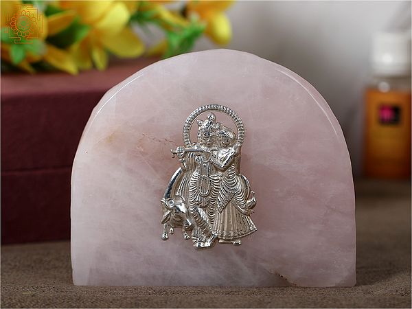 5" Silver Standing Radha Krishna Idol on Rose Quartz Gemstone | With Gift Box