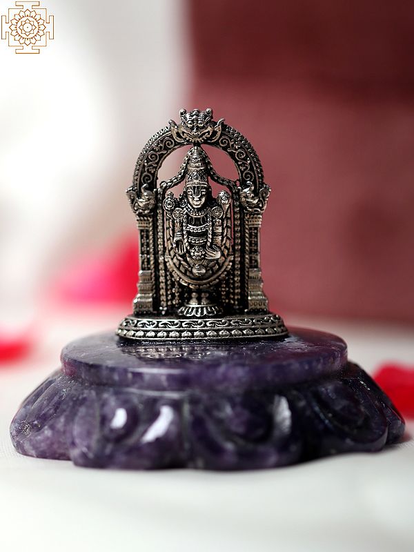 2" Small .999 Silver Tirupati Balaji Idol on Amethyst Gemstone Base | With Gift Box