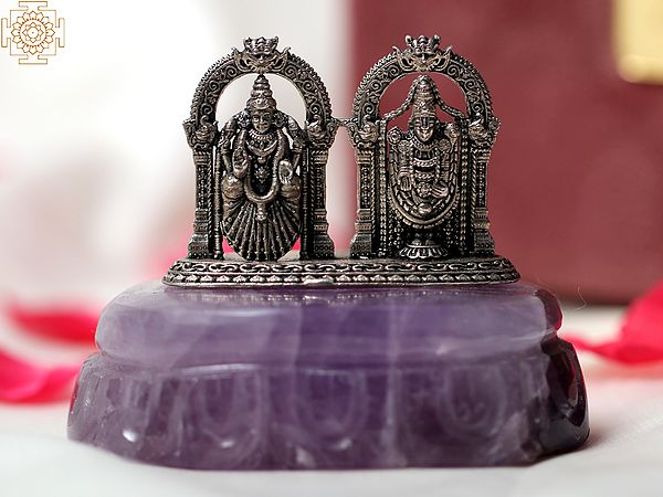 2" Small .999 Silver Tirupati Balaji (Venkateshvara) with Goddess Lakshmi on Amethyst Gemstone Base | With Gift Box