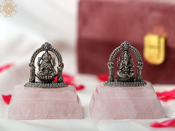 2" Small .999 Silver Ganesha Lakshmi Pair on Rose Quartz Gemstone Base | With Gift Box
