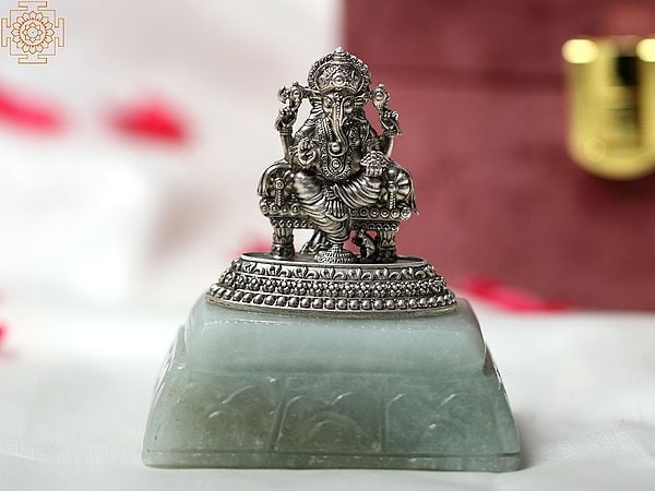 2" Small Silver Lord Ganesha Idol with Natural Aventurine Stone Base