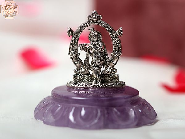 2" Small Natural Amethyst Gem Stone Base with Lord Krishna Idol in Silver