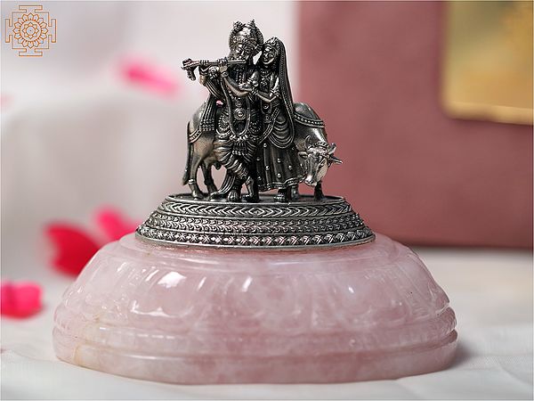 4" Small Natural Rose Quartz Stone | Silver Krishna Play Flute With Radha And Cow