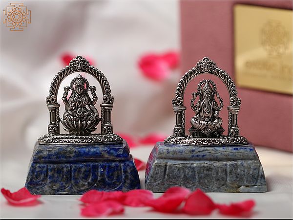Silver Blessing Lakshmi Ganesha Seated on Lapis Lazuli Pedestal | With Gift Box