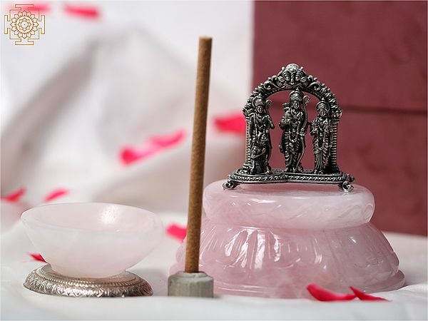 4" Small Silver Ram Darbar Idol on Rose Quartz Gemstone Base with Diya
