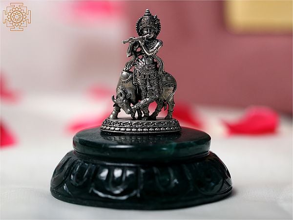 Silver Lord Krishna Playing Flute with Cow on Green Aventurine Pedestal
