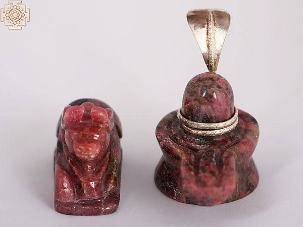 3" Small Rhodonite Gemstone Nandi - Shivalinga with .999 Silver Naag
