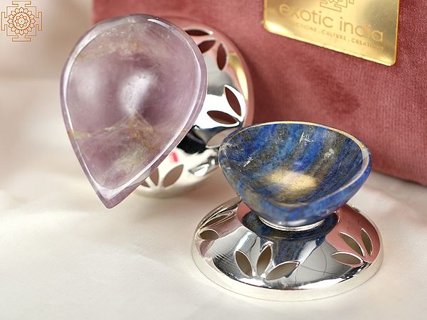 Pair of Gemstone Colorful Diyas with Silver Plated Stand | with Gift Box