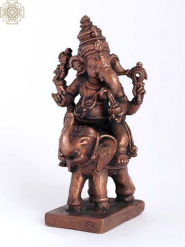 4" Small Lord Ganesha Sitting on Elephant | Copper Statue