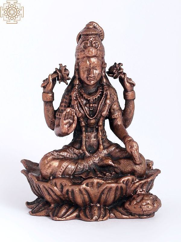 2" Small Goddess Lakshmi Copper Statue Seated on Lotus Pedestal