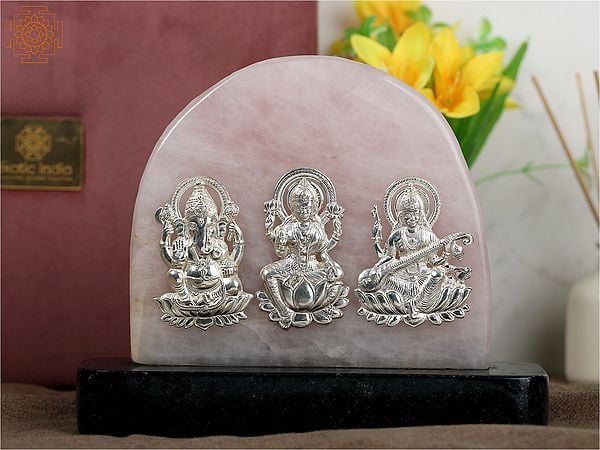 9" .999 Silver Ganesha Lakshmi Saraswati on Rose Quartz Gemstone