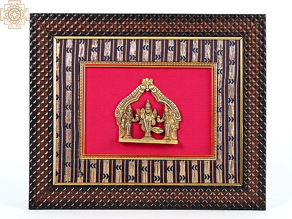 13" Wooden Framed Lord Karttikeya with Devasena and Valli in Brass | Wall Hanging
