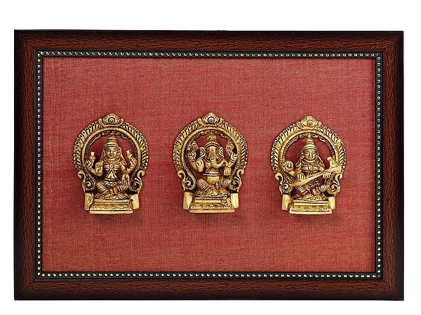 13" Brass Lakshmi Ganesh Saraswati Statue With Frame