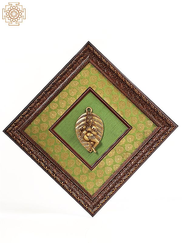 13" Wooden Framed Baby Krishna on Leaf in Brass | Wall Hanging