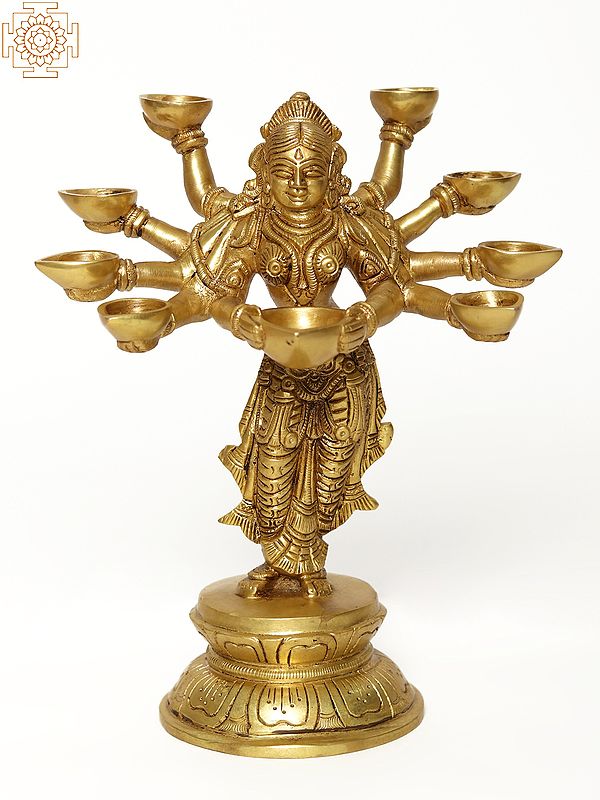 9" Ten Armed Deepalakshmi Statue Standing on Pedestal
