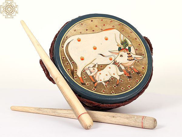 Traditional Indian Nagada Drum with Picture of Cow and Calf