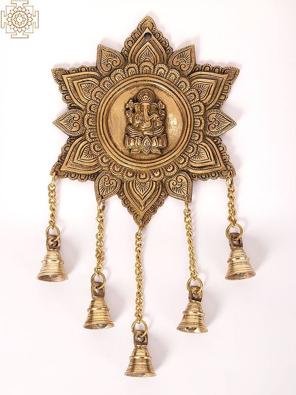 15" Lord Ganesha Wall Hanging with Dangling Bells in Brass