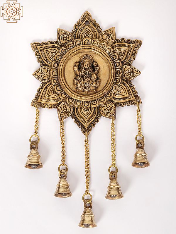 15" Devi Lakshmi Wall Hanging with Dangling Bells in Brass