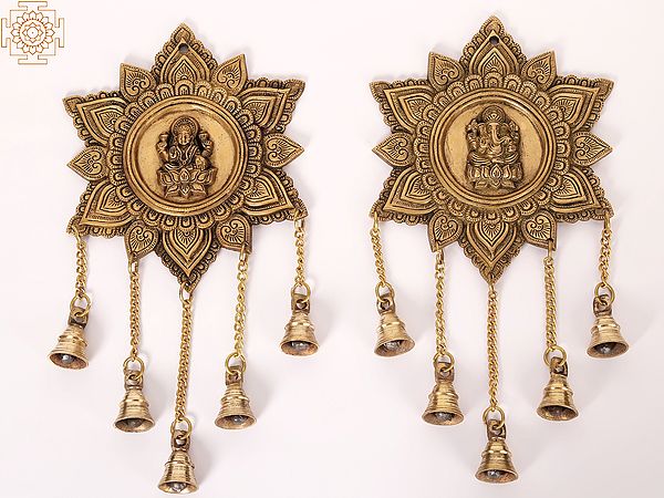 15" Pair of Ganesha Lakshmi Wall Hanging Bells in Brass